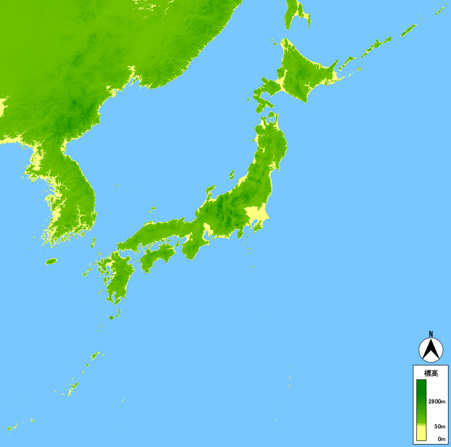 日本列島全体地形図 エコシティたかつ