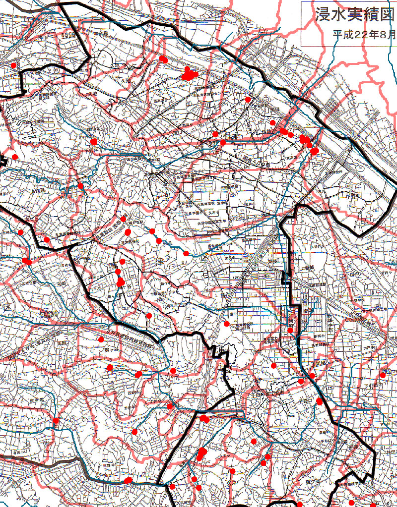高津区の浸水実績の地図