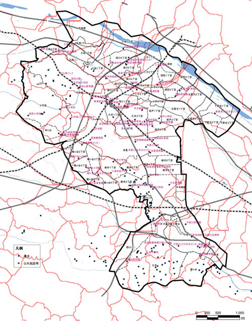 高津区の行政区分と小流域区分を重ね合わせた地図