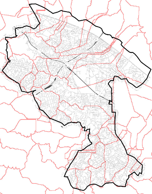 高津区の行政区画と高津区をまたがる小流域区画のアウトラインの地図