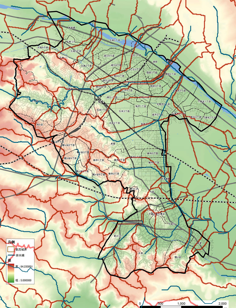 高津区の水系（排水線）及び標高の地図