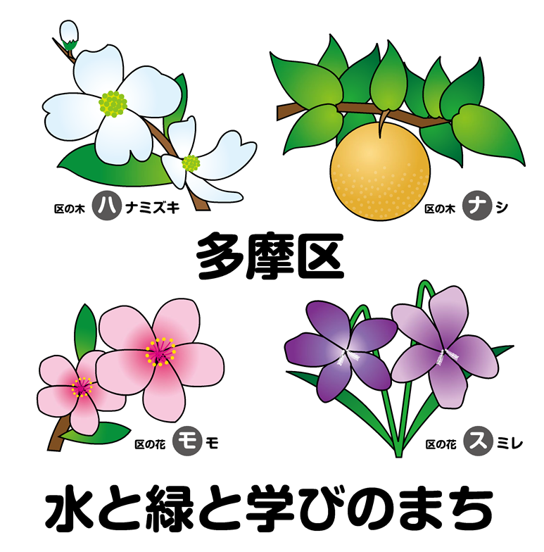 多摩区の区の木・区の花、ハナミズキ、ナシ、モモ、スミレのイラスト